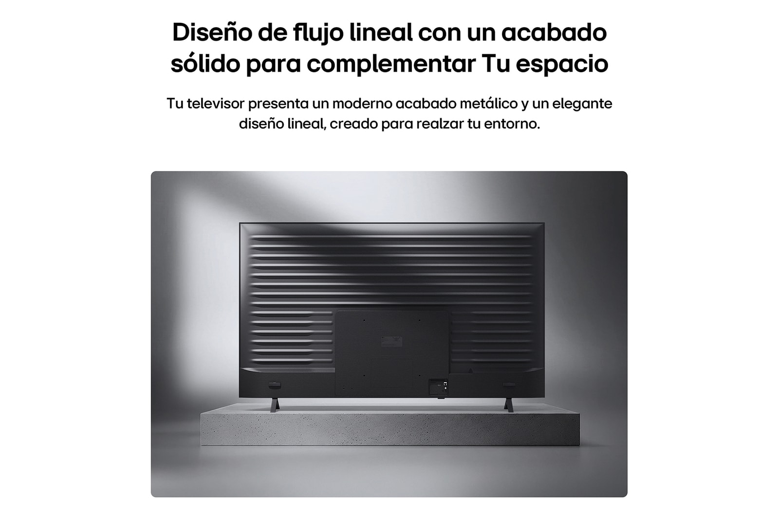 LG QNED AI QNED74 Mini LED is shown from the back, revealing a metallic rear panel with evenly spaced horizontal ridges that create a clean, structured look and emphasize the Linear Flow Design across the entire surface.